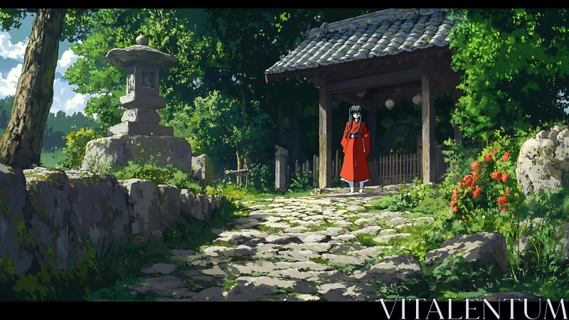 Stone path to shrine with girl in red kimono at noon light.