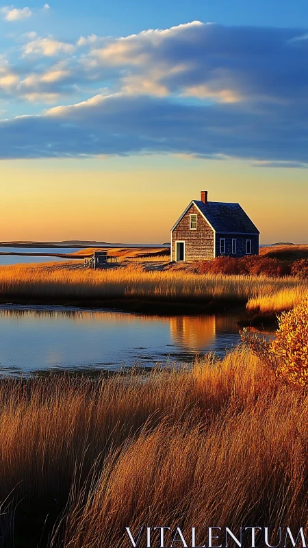 Coastal cottage beside marshland pool at golden sunset.