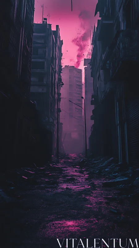 Neon-lit ruined alley beneath toxic magenta skyline.