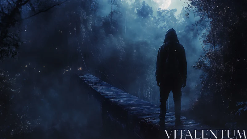 Lone hooded wanderer crosses moonlit mist bridge at night.