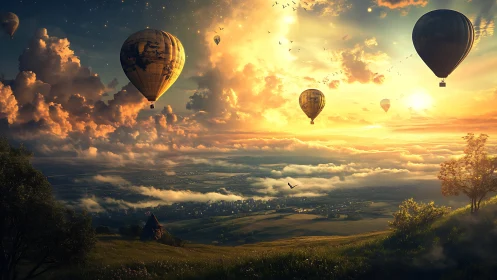 Luminous stratocumulus valley with ascending hot air balloons.