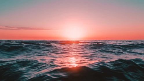 Photorealistic low-horizon seascape at neon dusk gradient.