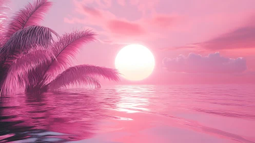 Digital sunset seascape with magenta palms and reflective water.