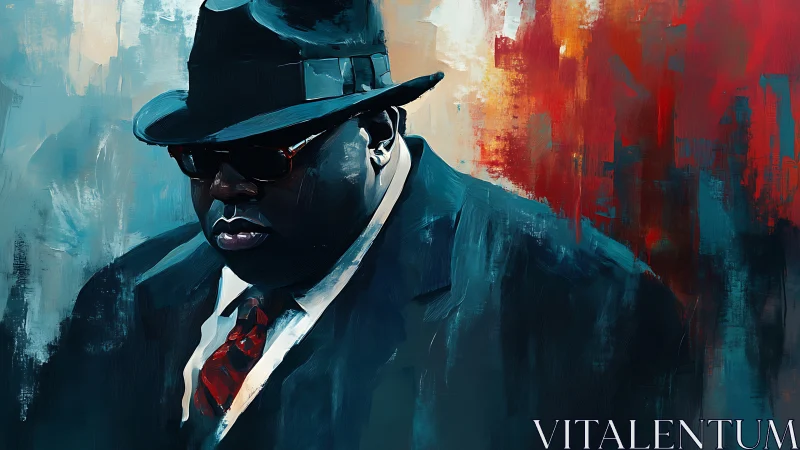 Digital portrait of stoic man in fedora with abstract backdrop.