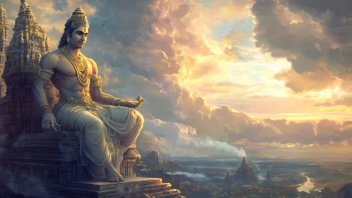 Serene temple guardian watches a glowing sunrise sky