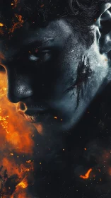 Intense warrior portrait in blue shadow and rising fire.