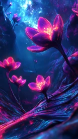 Glowing neon flowers in a vivid alien canyon environment.