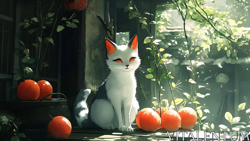 White cat with orange eyes positioned among orange spheres in green foliage environment