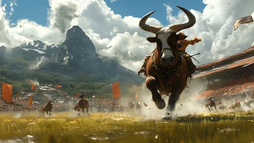 Mountain arena stampede with heroic charging bull riders.
