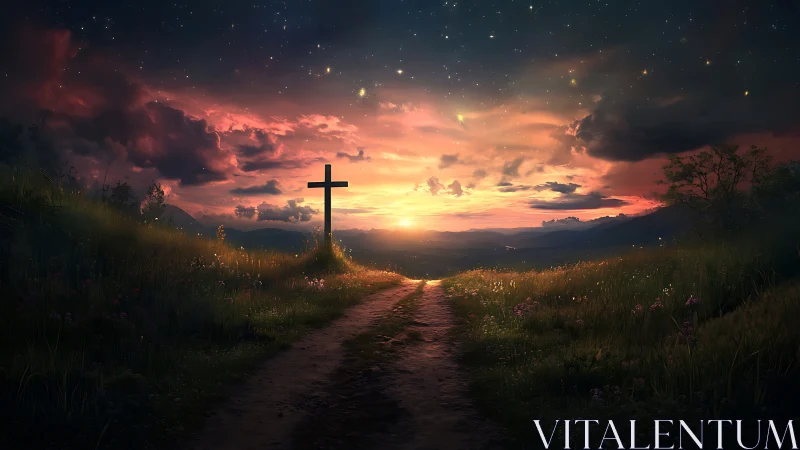 Peaceful hilltop cross beneath a glowing sunset sky.