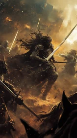 Warrior cleaves through flaming battlefield in chaos storm.