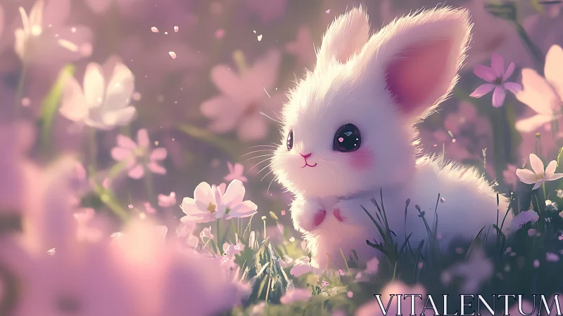 White cartoon bunny sits in pink flower field at sunset