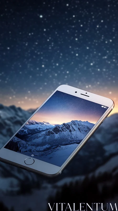 Bezel-edge smartphone overlaying alpine dusk mountain landscape