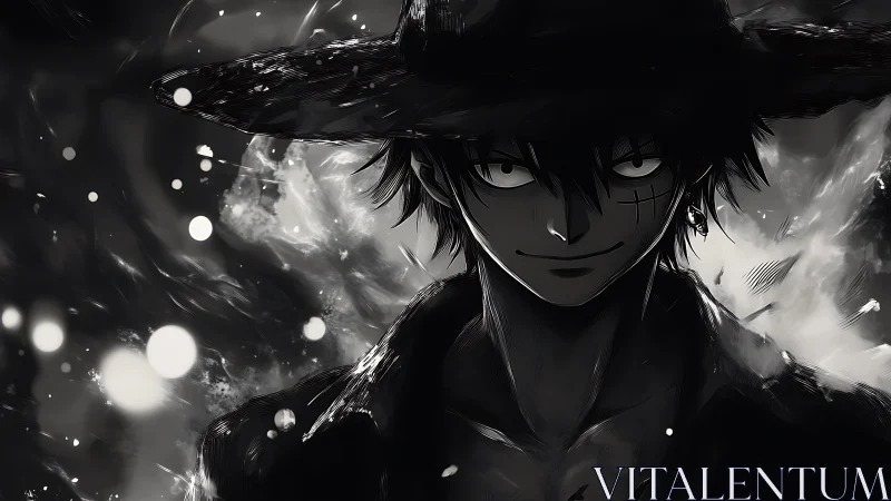 Monochrome anime swordsman in high-contrast chiaroscuro field.