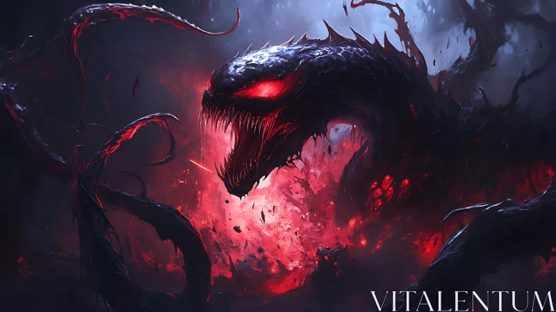 Demonic serpent erupts from shadowed inferno with molten eyes.