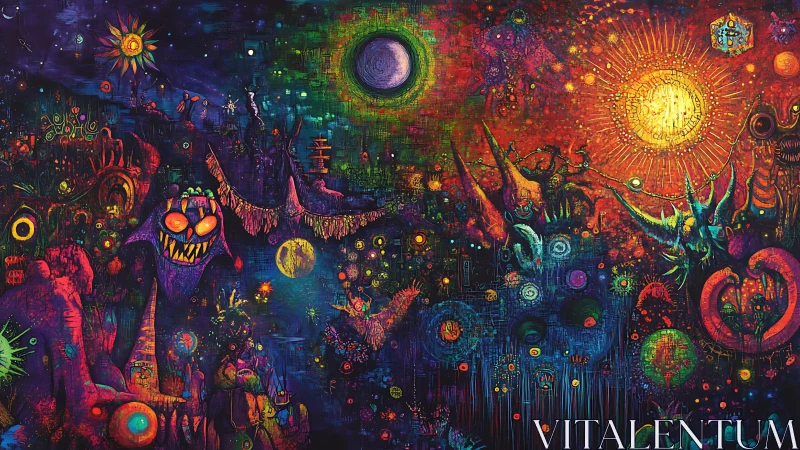 Nocturnal suns and giggling demons in neon astral carnival.