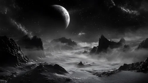 Silent lunar valley rests beneath a glowing crescent moon