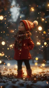Child in red coat standing among winter lights at dusk.