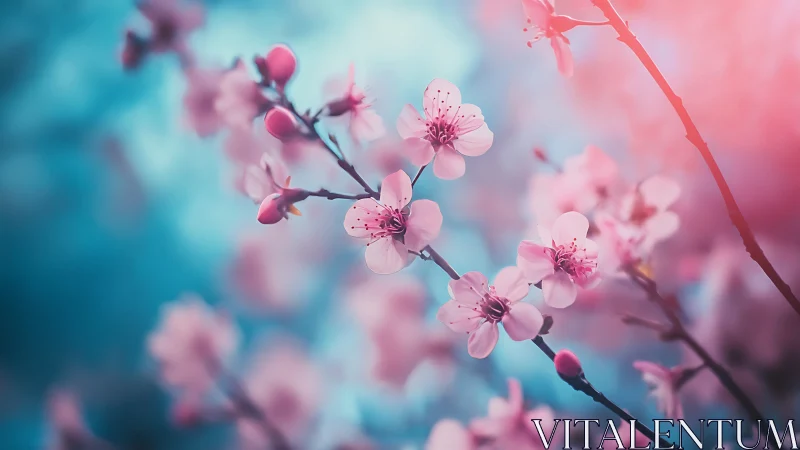 Cherry Blossoms Against Turquoise Sky.