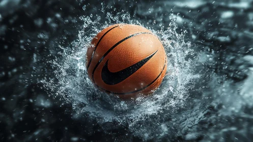 Orange basketball splashing into dark reflective water surface.