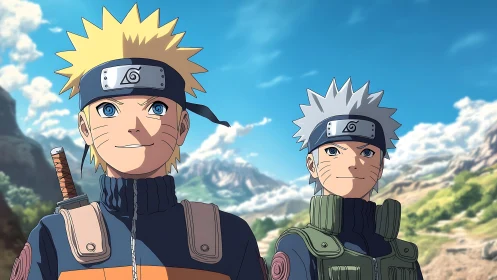 Anime ninjas stand proudly beneath a bright mountain sky.