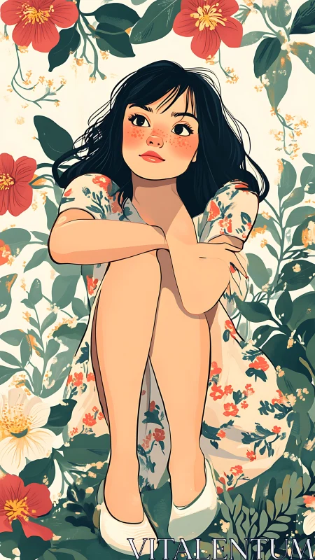 Seated girl illustration in floral dress amid stylized foliage.