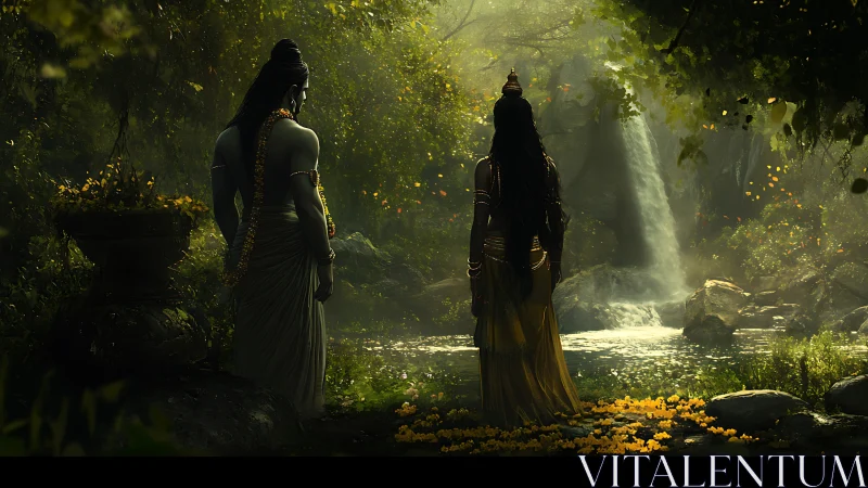 Two robed figures stand in a dense forest near a waterfall