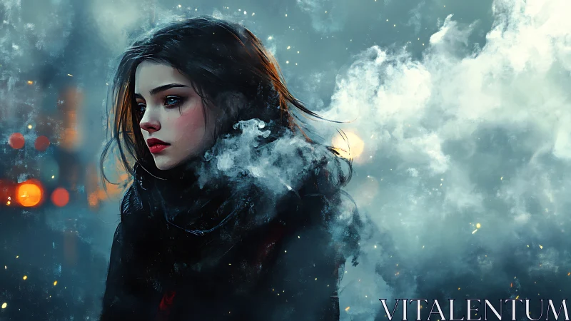 Solitary girl in cold neon city fog exhales drifting breath