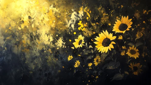 Expressive digital painting of sunflowers in chiaroscuro bloom.