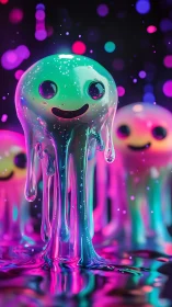 Smiling neon slime characters in glossy liquid world.