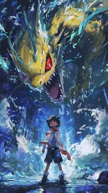 Fearless kid meets roaring water dragon in a neon storm