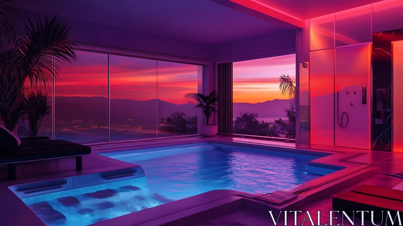 Neon dusk luxury pool glowing above a sleeping coastline.