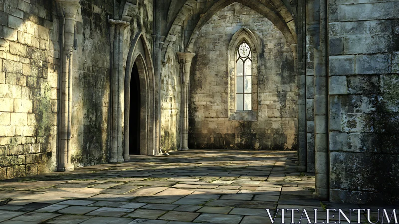 Soft sunlight drifts into a quiet, timeworn stone arcade