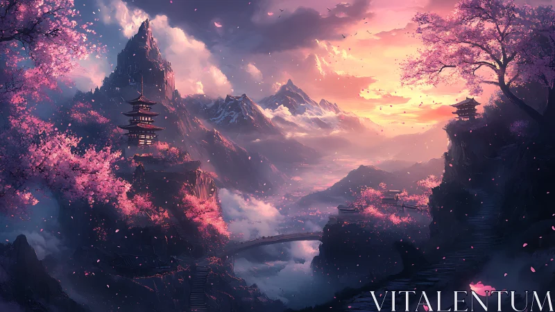 Twilight pagoda valley beneath luminous cherry blossoms.