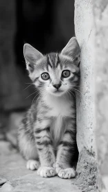 Young Tabby Kitten Emerging From Shadow Behind Concrete Wall
