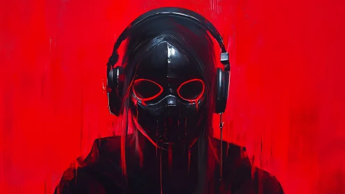 Cybernetic masked listener in glossy black headset on red