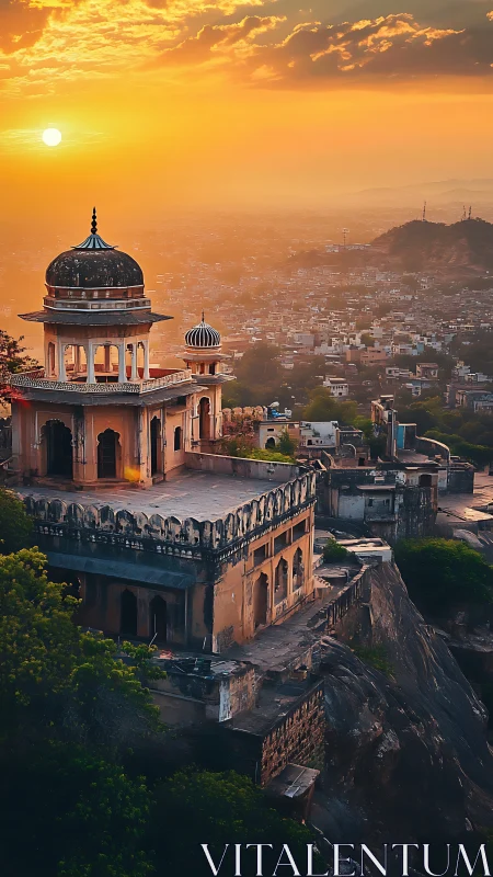 Hilltop palace terrace over misty city at golden sunset.