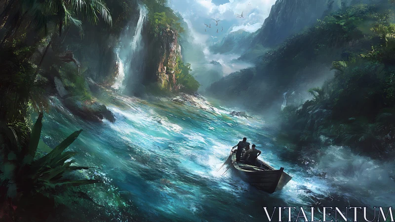 Boat with two figures on fast river between dense cliffs.