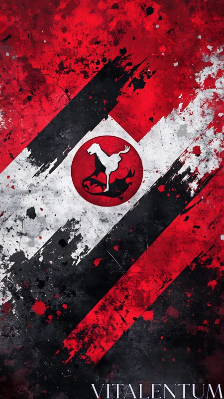 Diagonal tricolor banner with distressed canine emblem design.