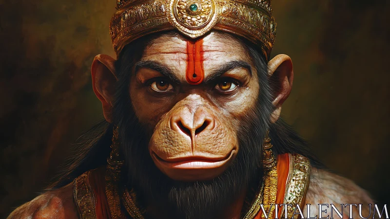 Hyperrealistic simian deity portrait with ornate golden crown
