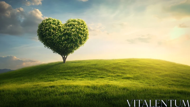 Heart-Shaped Tree on Green Hill Under Luminous Sky