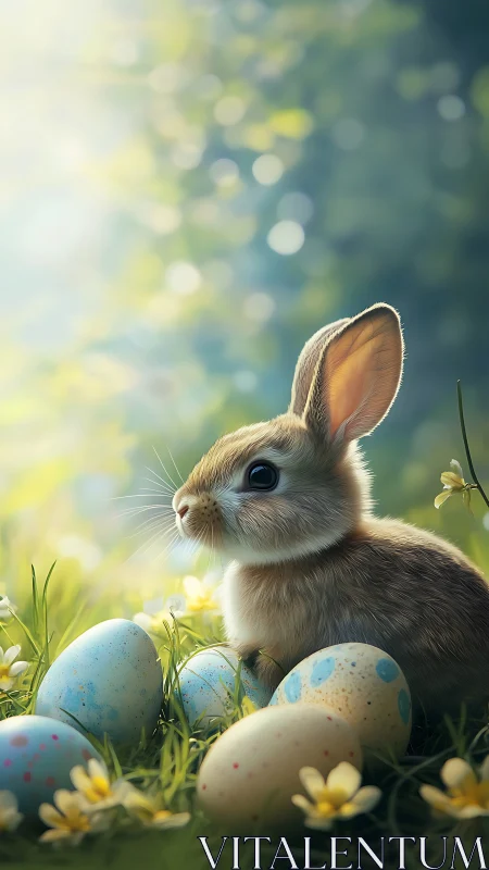 Spring rabbit among speckled eggs in soft sunrise bokeh.