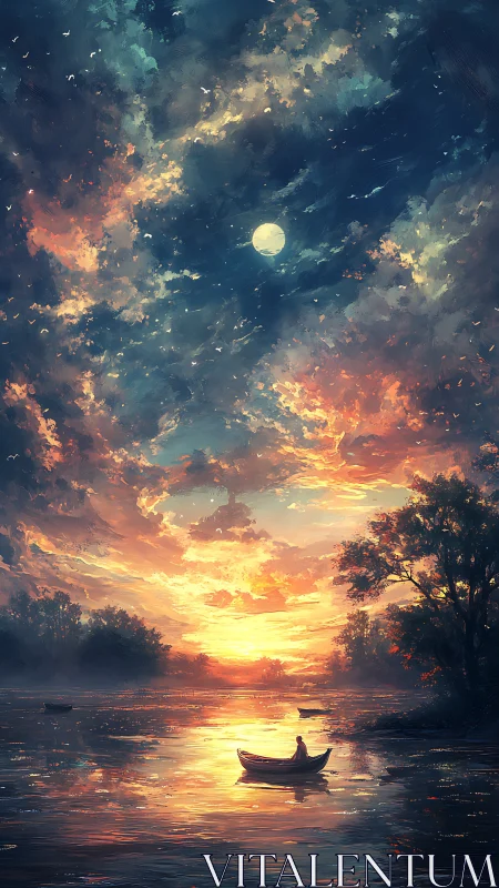 Solitary boat drifts under glowing sunset and rising moon