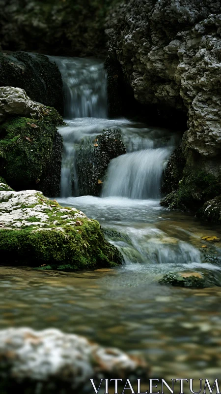 Whispering woodland cascade over mossy stones in shade.
