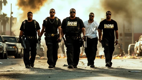 Armed tactical squad strides through fiery urban chaos