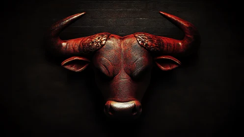 Red carved bull head mounted on dark textured wall.