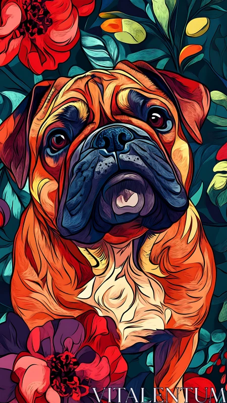 Chromatic bulldog portrait with floral vector contour dynamics.