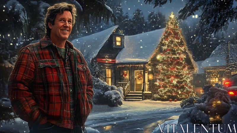 Man stands before snow-covered cabin with lit tree at night