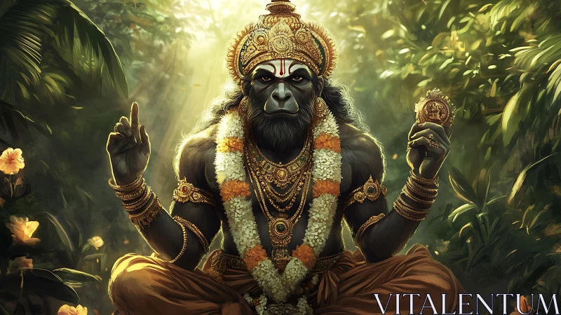 Simian deity hybrid in luminous jungle shrine tableau.