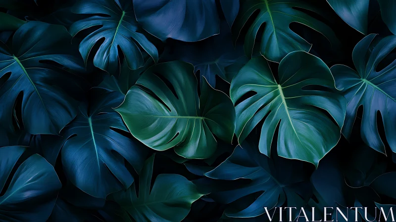 Midnight monstera leaves whisper in deep teal shadows